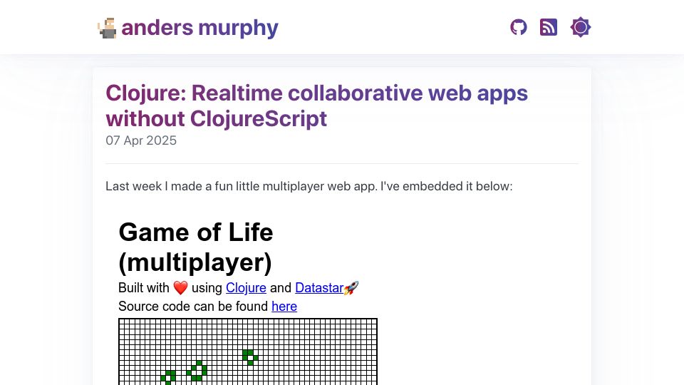 Screenshot of andersmurphy.com: Clojure: Realtime collaborative web apps without ClojureScript