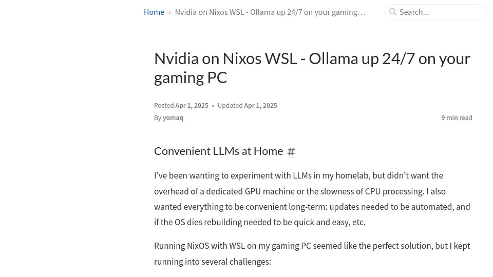 Screenshot of yomaq.github.io: Nvidia on NixOS WSL – Ollama up 24/7 on your gaming PC