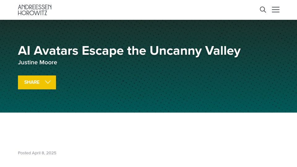 Screenshot of a16z.com: AI Avatars Escape the Uncanny Valley
