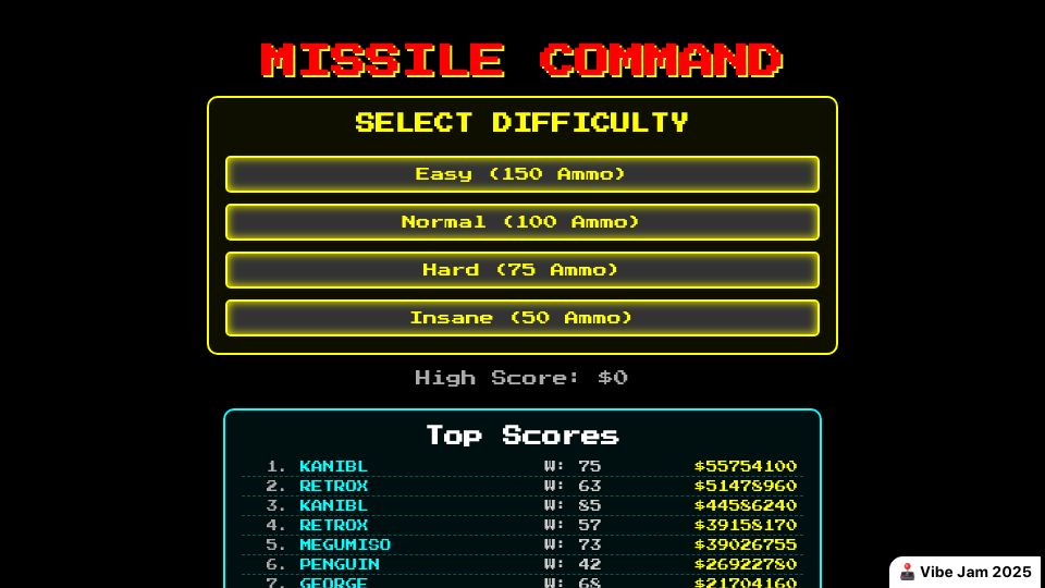 Screenshot of missile-command-game.centminmod.com: Atari Missile Command Game Built Using AI Gemini 2.5 Pro