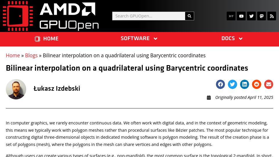 Screenshot of gpuopen.com: Bilinear interpolation on a quadrilateral using Barycentric coordinates