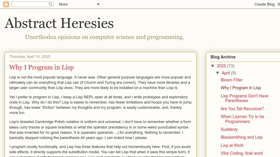 Screenshot of funcall.blogspot.com: Why I Program in Lisp