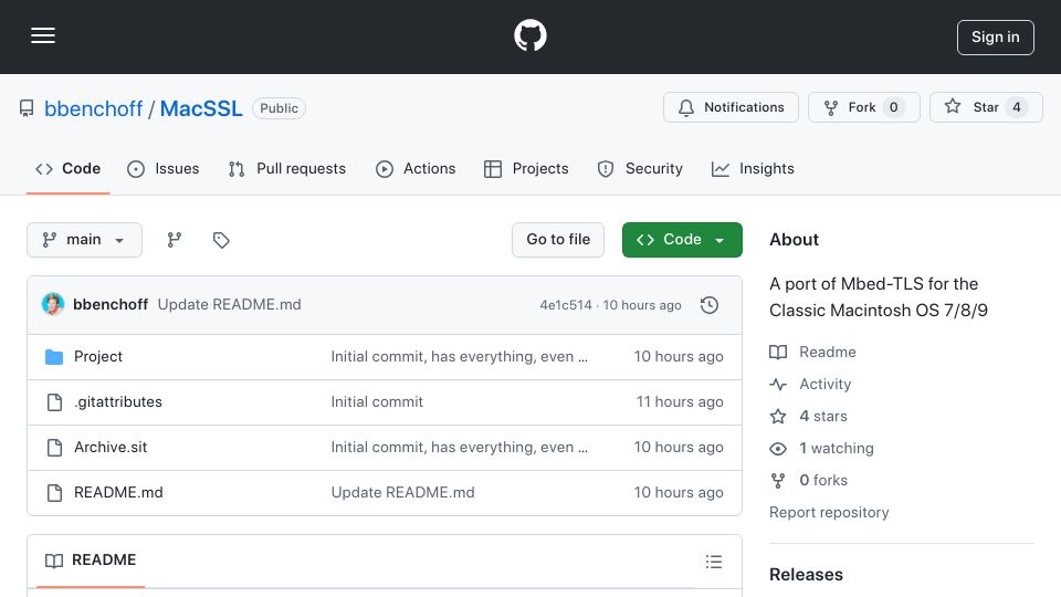 Screenshot of github.com: A port of Mbed-TLS for the Classic Macintosh OS 7/8/9