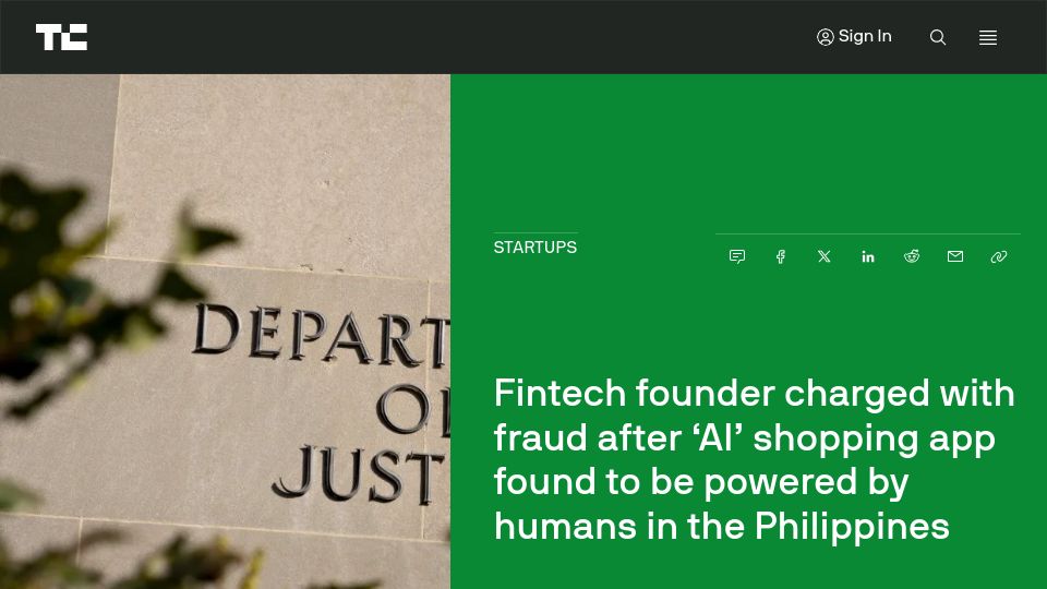 Screenshot of techcrunch.com: Fintech founder charged with fraud; AI app found to be humans in the Philippines
