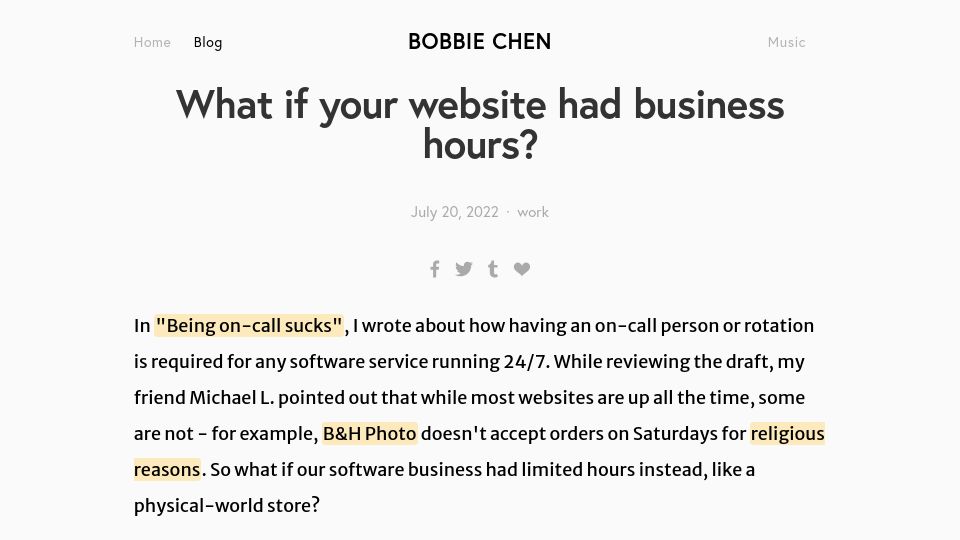 Screenshot of bobbiechen.com: What if your website had business hours? (2022)