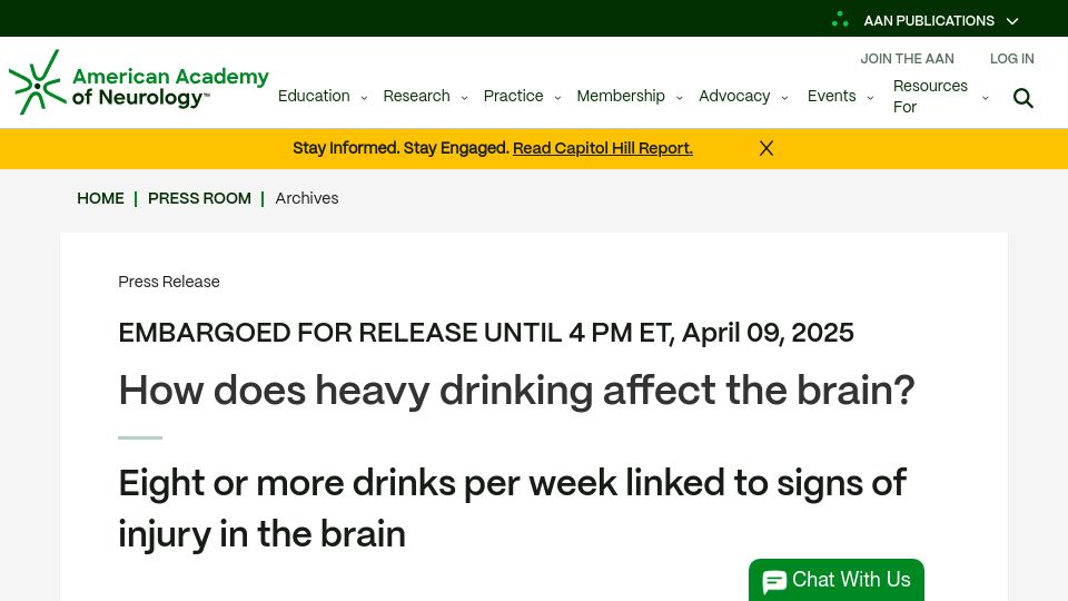 Screenshot of aan.com: Eight or more drinks per week linked to brain lesions