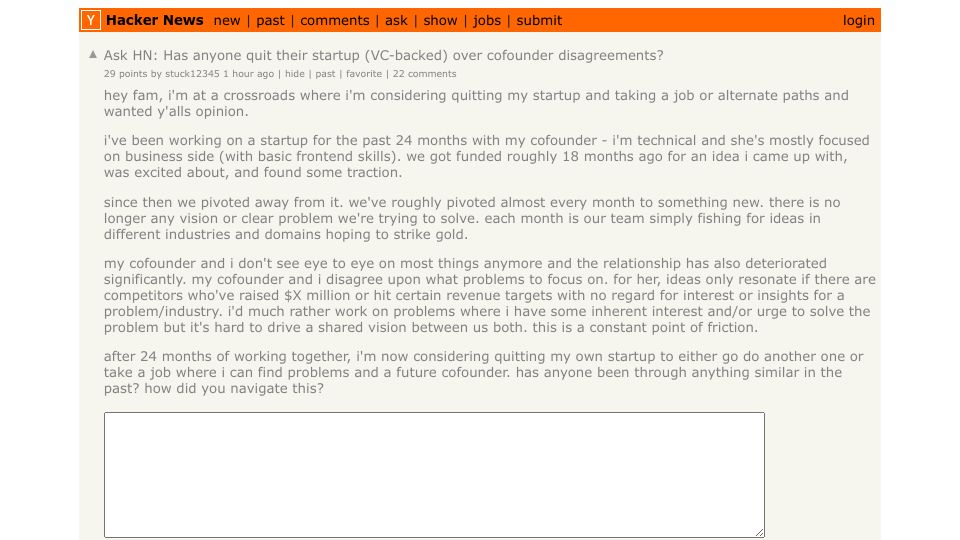 Screenshot of Hacker News post: Ask HN: Has anyone quit their startup (VC-backed) over cofounder disagreements?