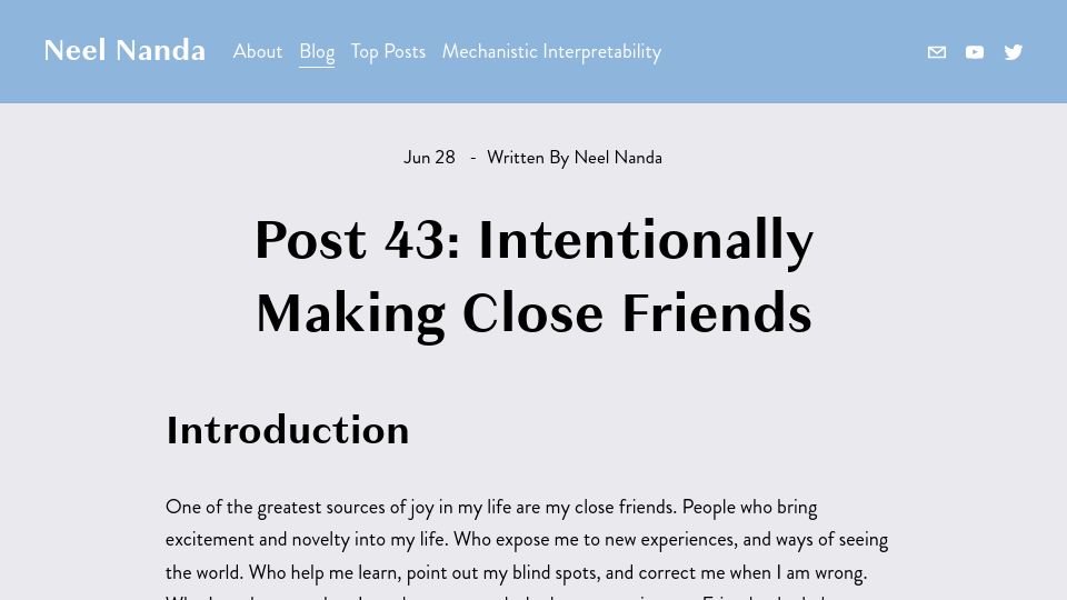 Screenshot of neelnanda.io: Intentionally Making Close Friends (2021)