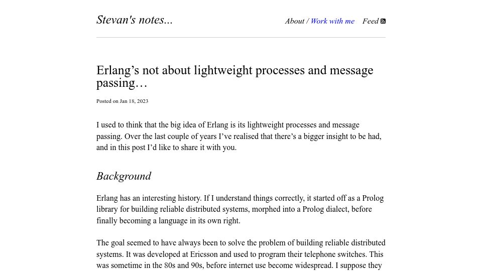 Screenshot of stevana.github.io: Erlang's not about lightweight processes and message passing (2023)