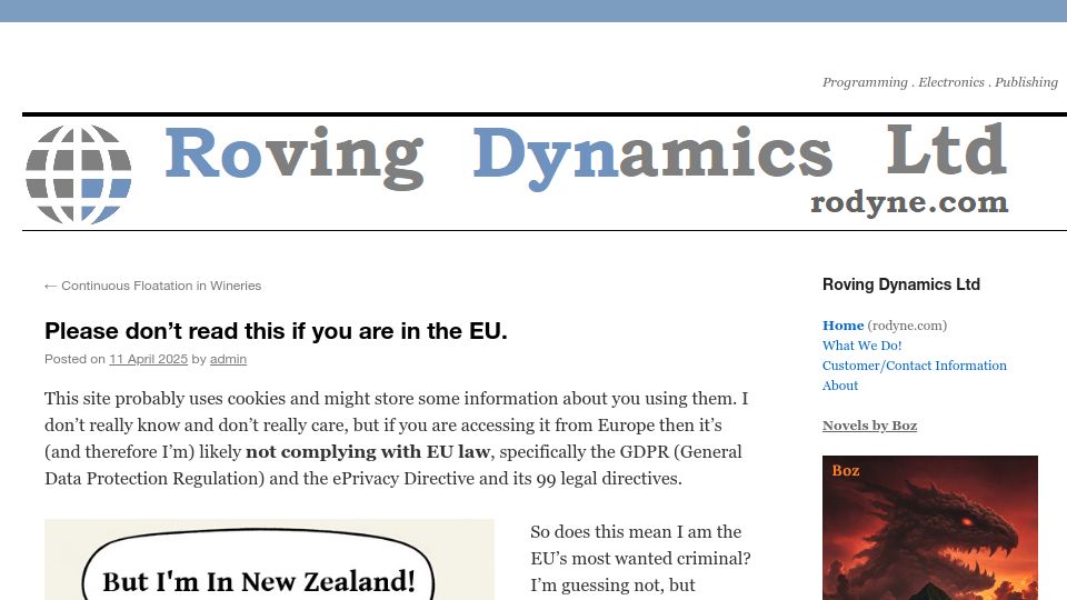 Screenshot of rodyne.com: This site uses cookies to store the fact you clicked “Accept Cookies”