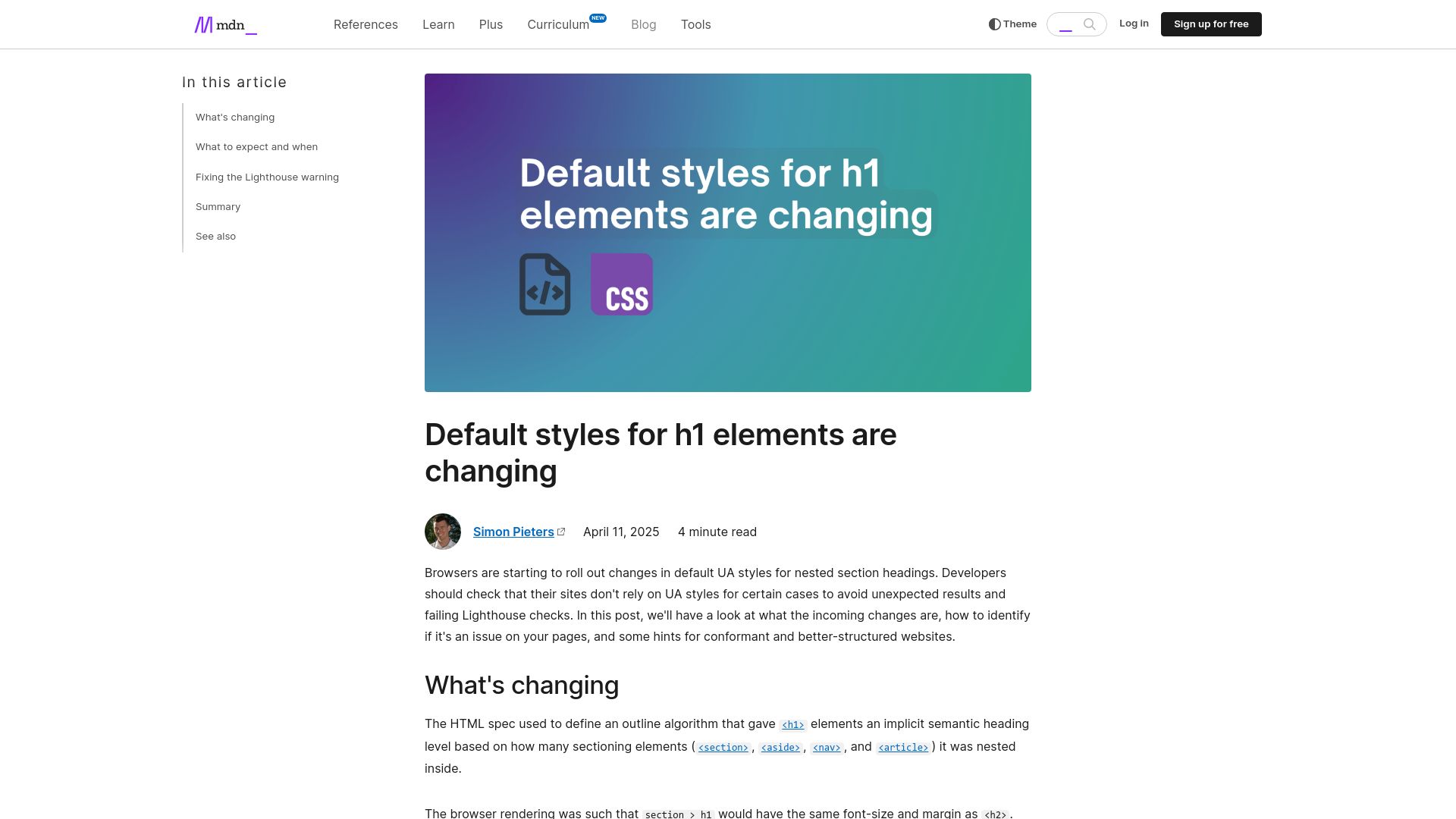 Screenshot of developer.mozilla.org: Default styles for h1 elements are changing