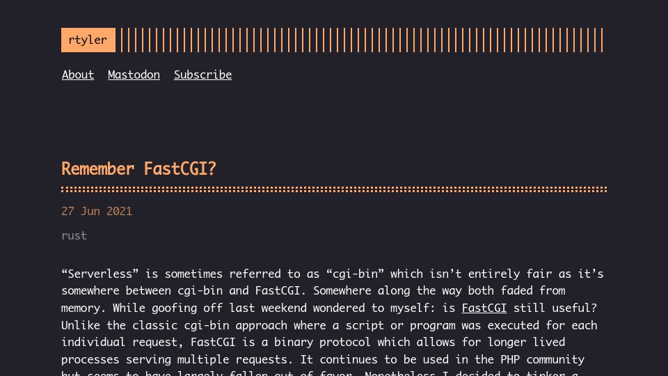 Screenshot of brokenco.de: Remember FastCGI? (2021)