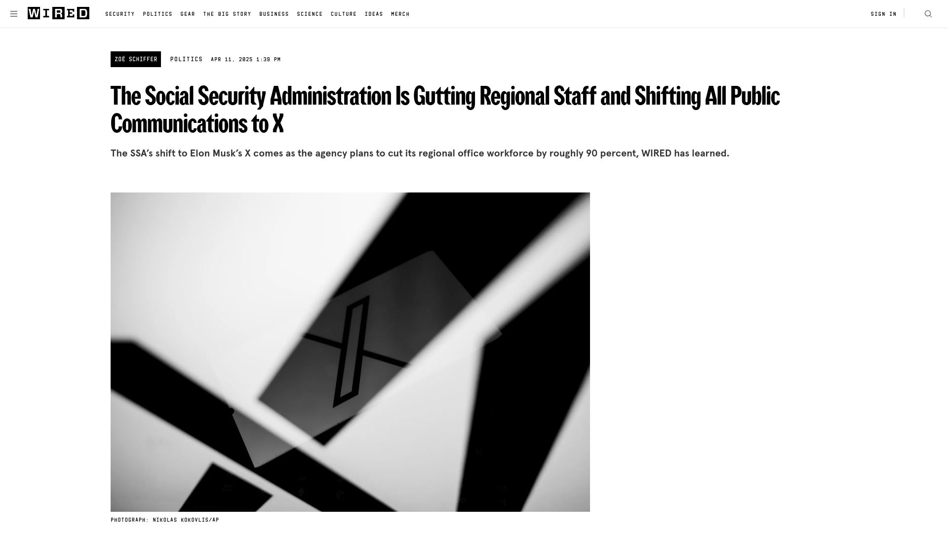 Screenshot of wired.com: Social Security Administration Moving Public Communications to X