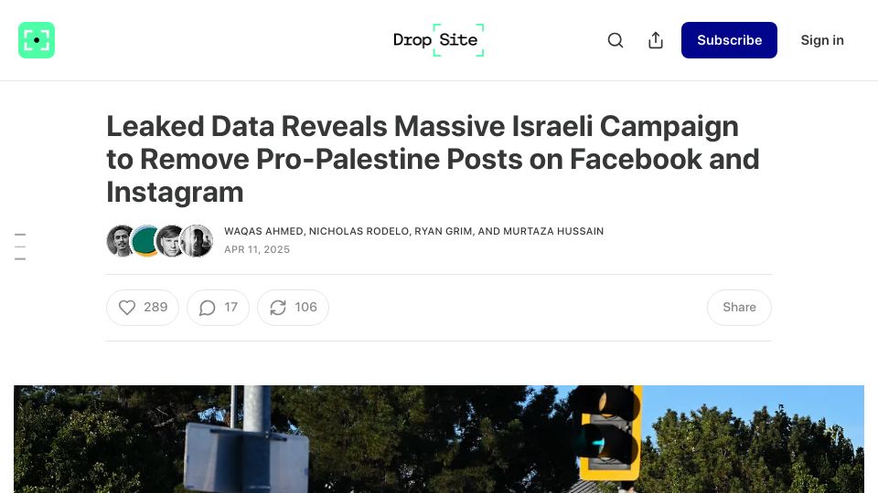 Screenshot of dropsitenews.com: Leaked data reveals Israeli govt campaign to remove pro-Palestine posts on Meta