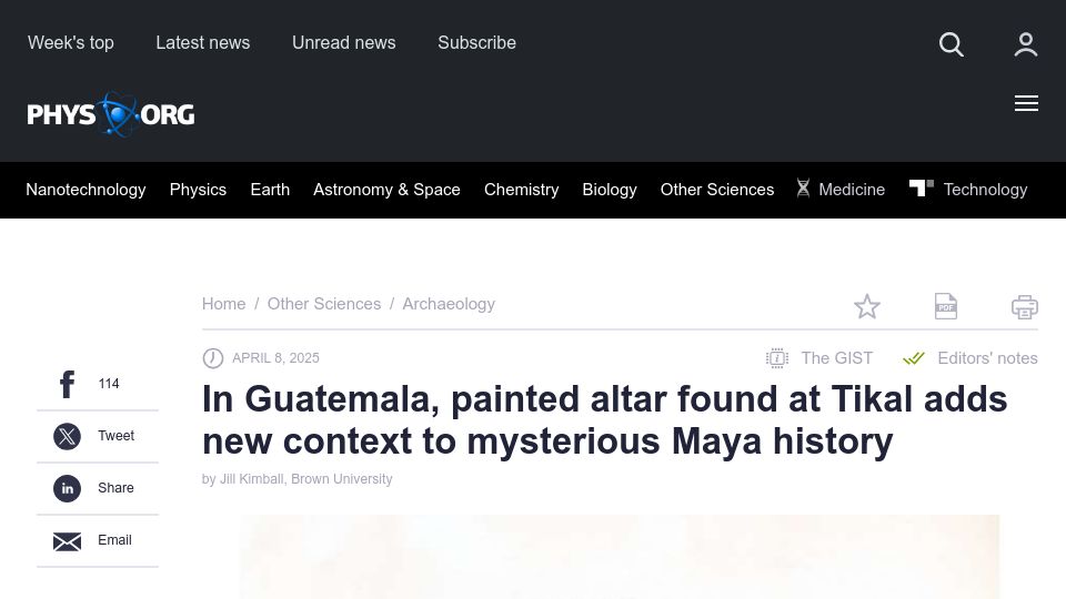 Screenshot of phys.org: In Guatemala, painted altar found at Tikal adds new context to Maya history