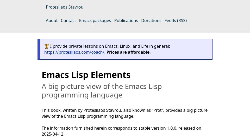 Screenshot of protesilaos.com: Emacs Lisp Elements