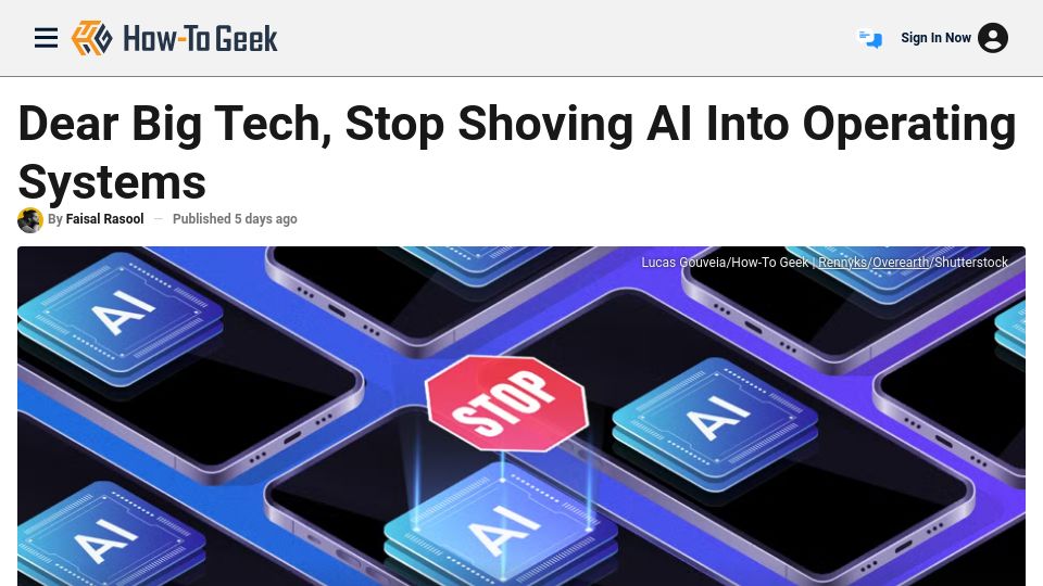 Screenshot of howtogeek.com: Dear Big Tech, Stop Shoving AI into Operating Systems