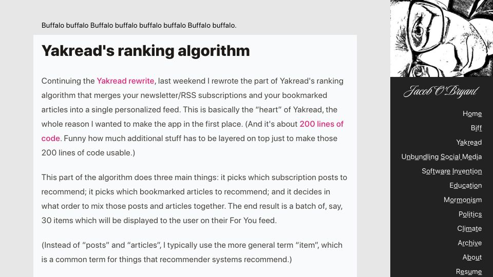 Screenshot of obryant.dev: Yakread's Ranking Algorithm