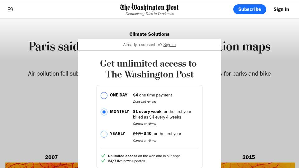 Screenshot of washingtonpost.com: Air pollution fell substantially as Paris restricted car traffic