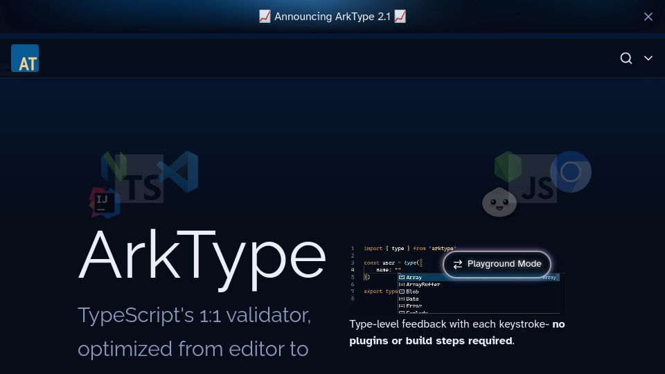 Screenshot of arktype.io: ArkType: Ergonomic TS validator 100x faster than Zod