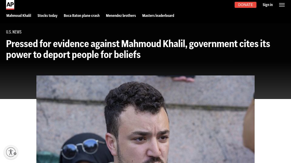 Screenshot of apnews.com: U.S. cites its power to deport people for beliefs
