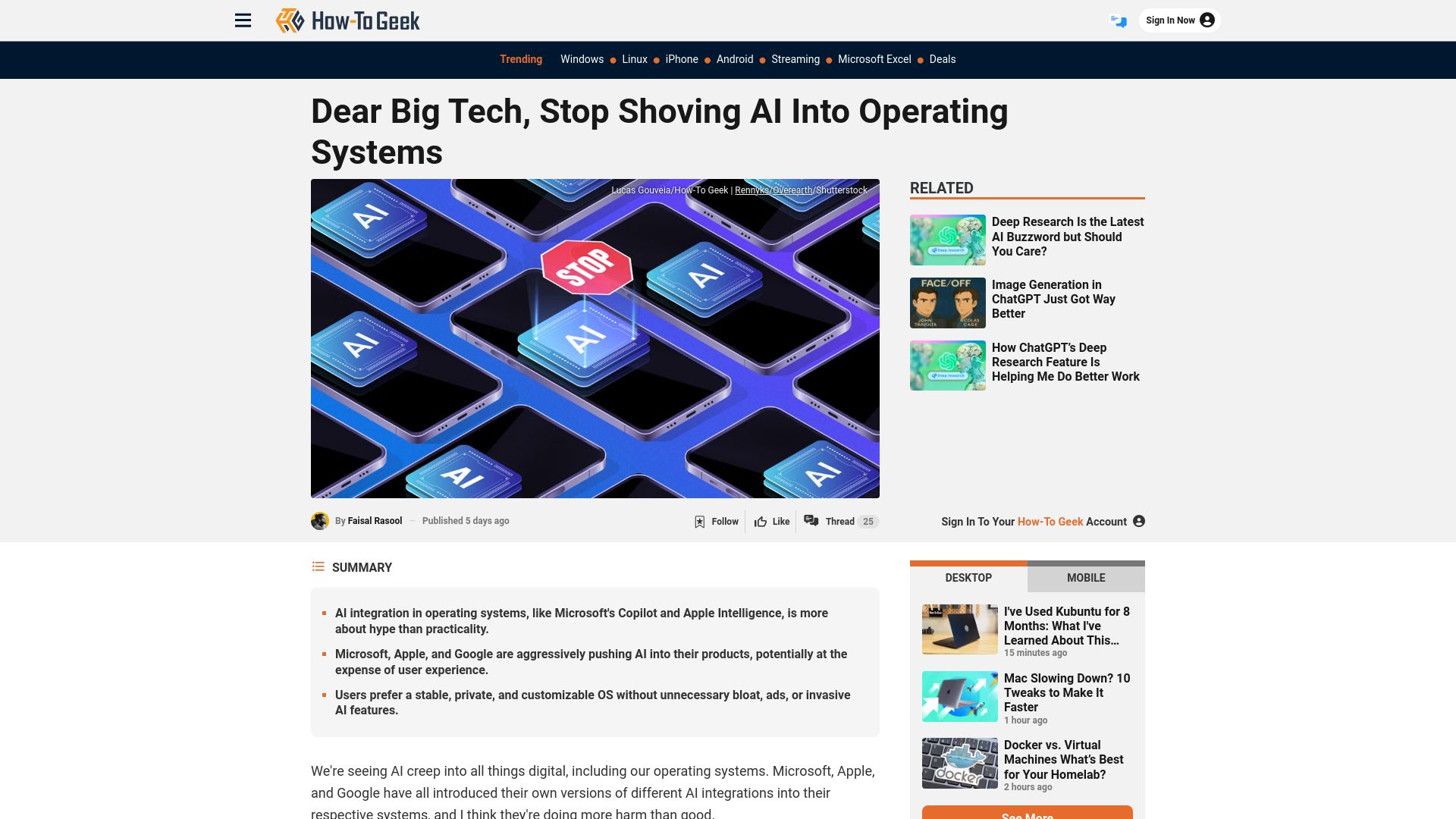 Screenshot of howtogeek.com: Dear Big Tech, Stop Shoving AI into Operating Systems