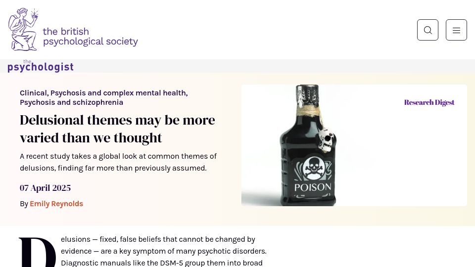 Screenshot of bps.org.uk: Delusional themes may be more varied than we thought