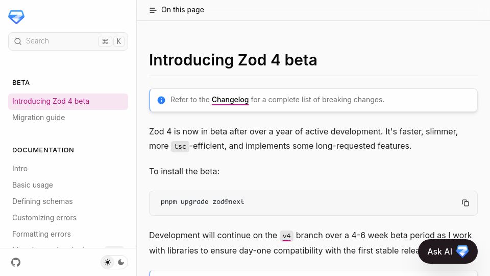 Screenshot of v4.zod.dev: Zod v4 Beta