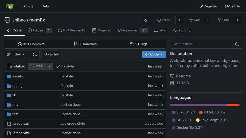 Screenshot of gitea.bubbletea.dev: Show HN: memEx, a personal knowledge base inspired by zettlekasten and org-mode