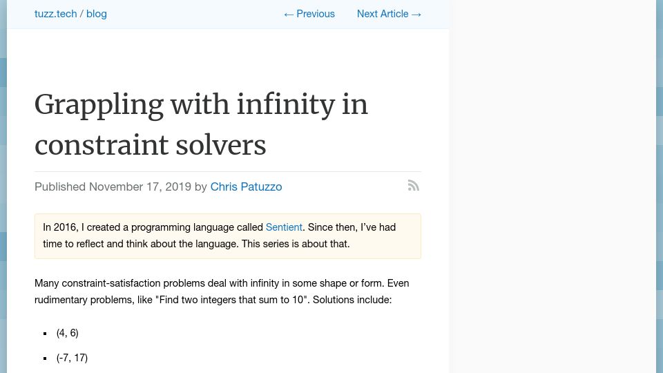 Screenshot of tuzz.tech: Grappling with Infinity in Constraint Solvers