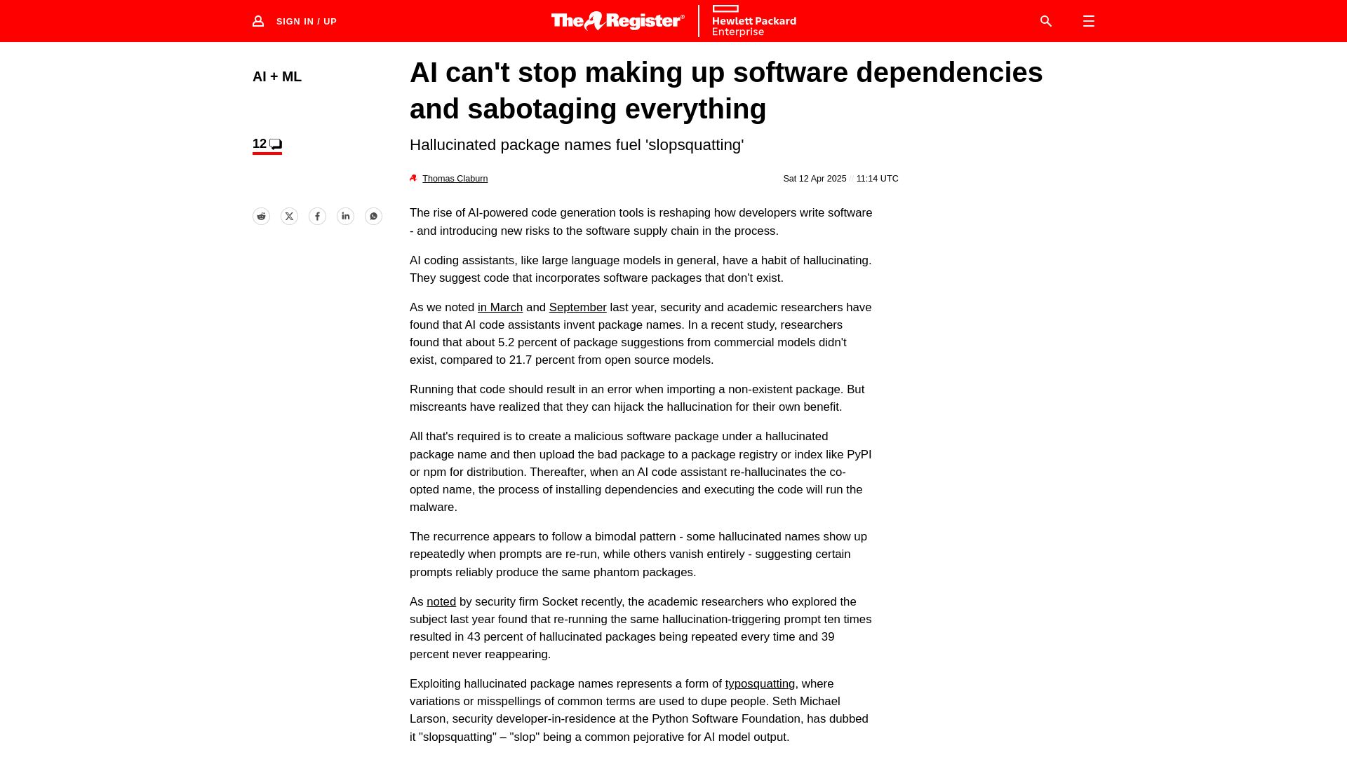 Screenshot of theregister.com: AI can't stop making up software dependencies and sabotaging everything