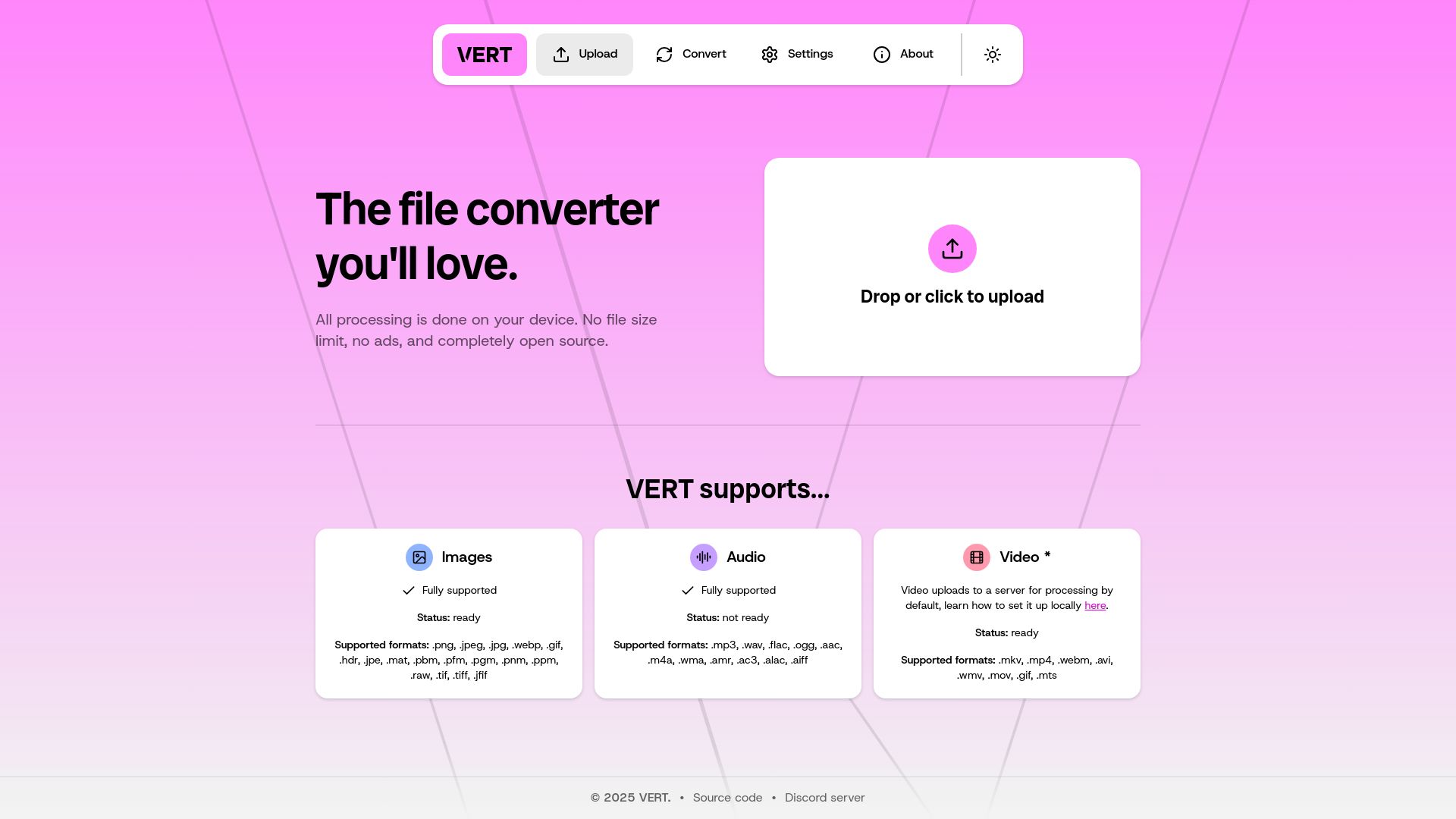 Screenshot of vert.sh: Open source and self hostable/private file converter
