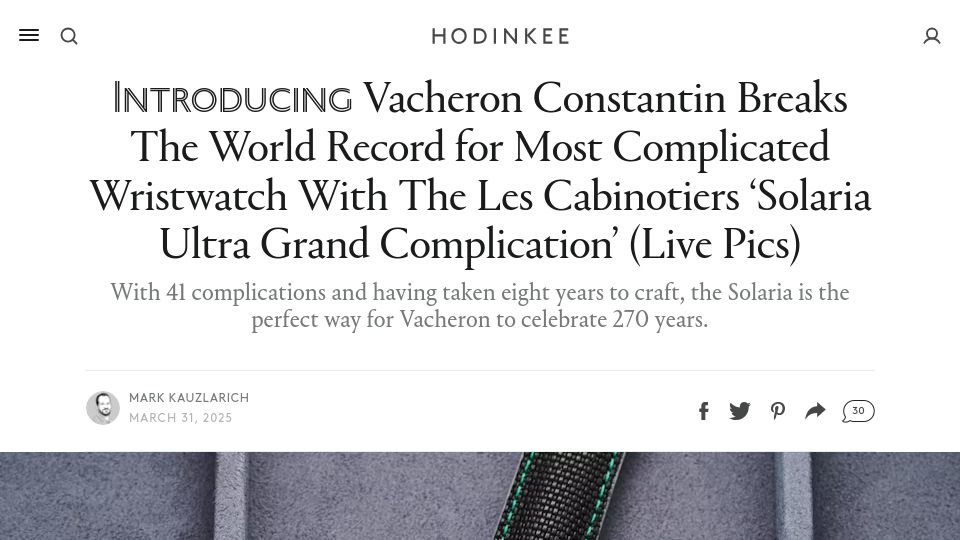 Screenshot of hodinkee.com: Vacheron Constantin breaks the world record for most complicated wristwatch