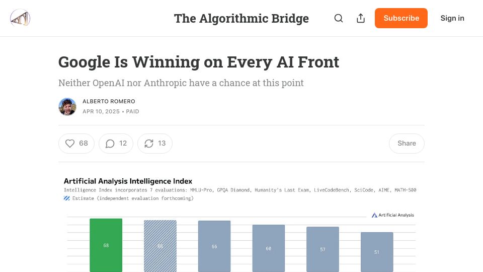 Screenshot of thealgorithmicbridge.com: Google is winning on every AI front