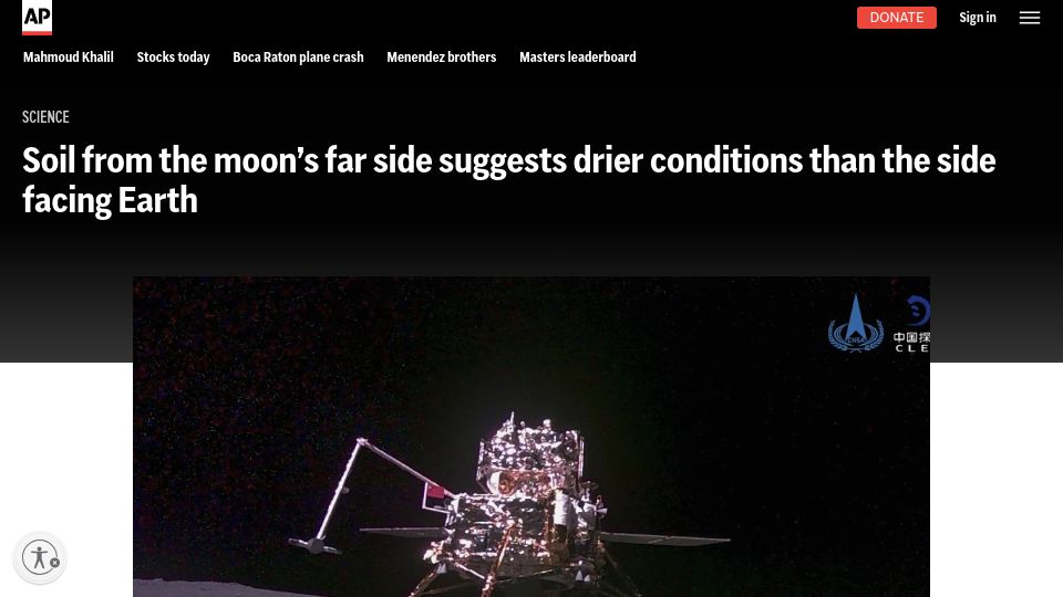 Screenshot of apnews.com: Soil from the moon's far side suggests drier conditions than side facing Earth