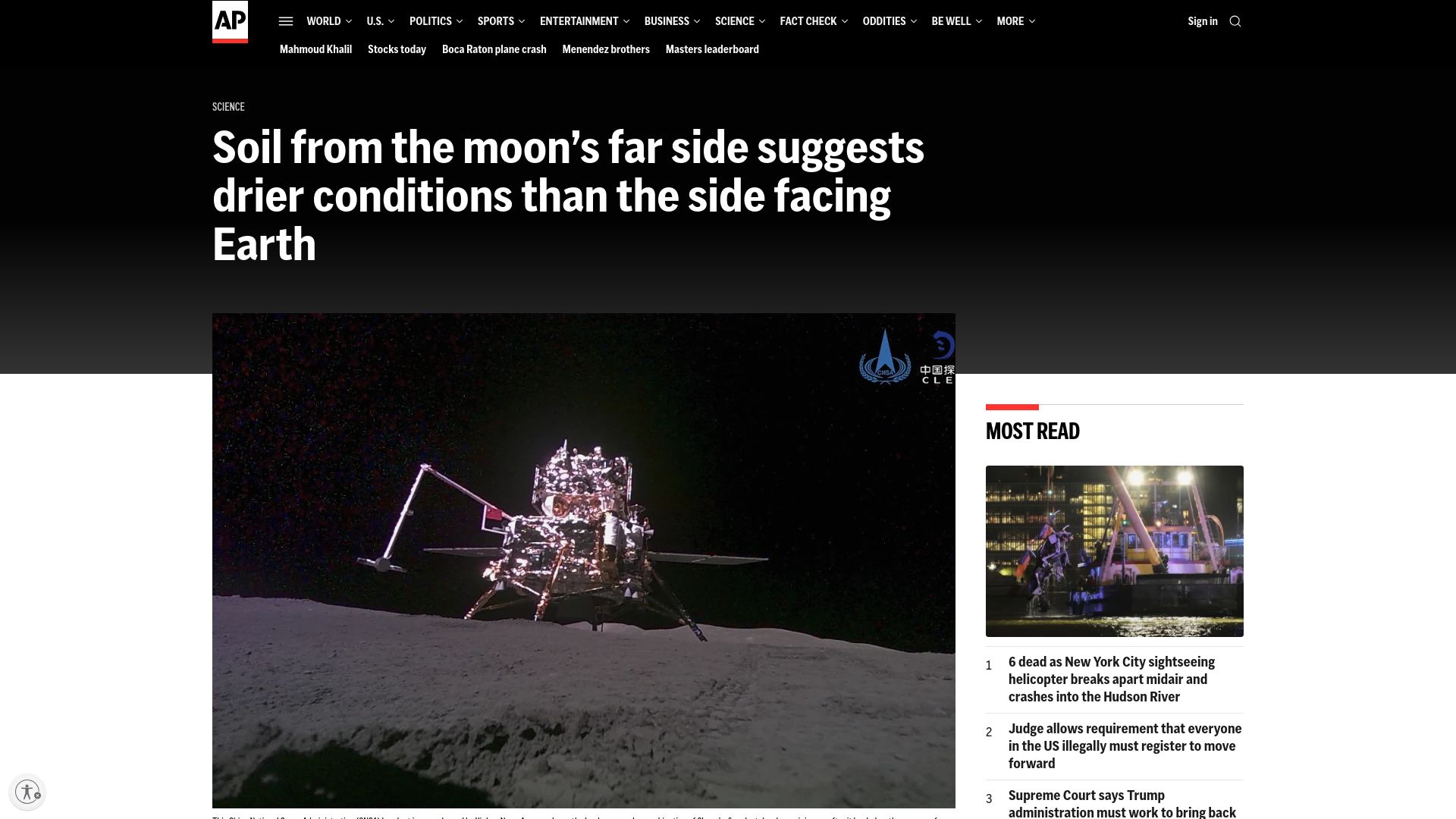 Screenshot of apnews.com: Soil from the moon's far side suggests drier conditions than side facing Earth