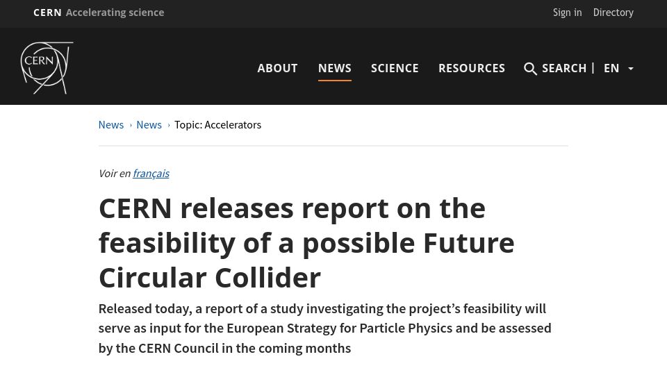 Screenshot of home.cern: CERN releases report on the feasibility of a possible Future Circular Collider