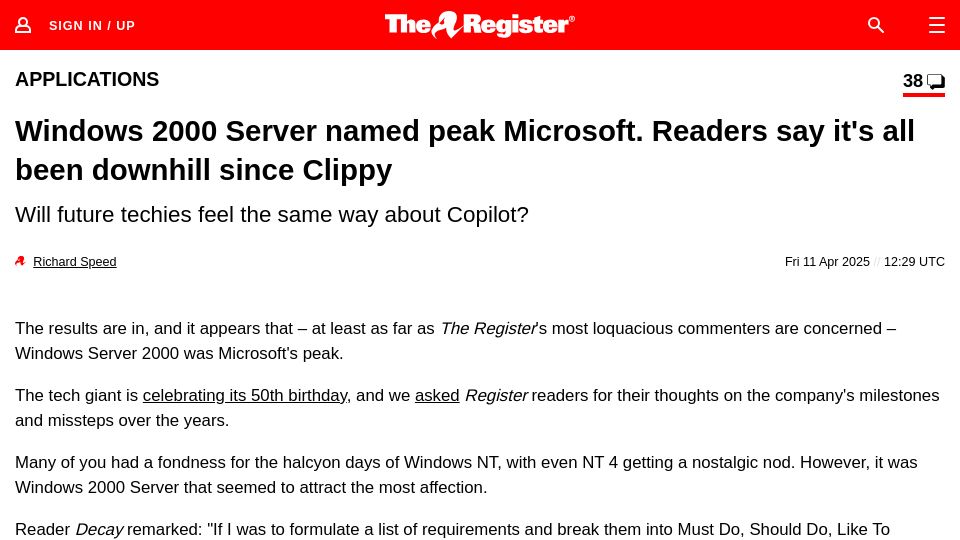 Screenshot of theregister.com: Windows 2000 Server named peak Microsoft