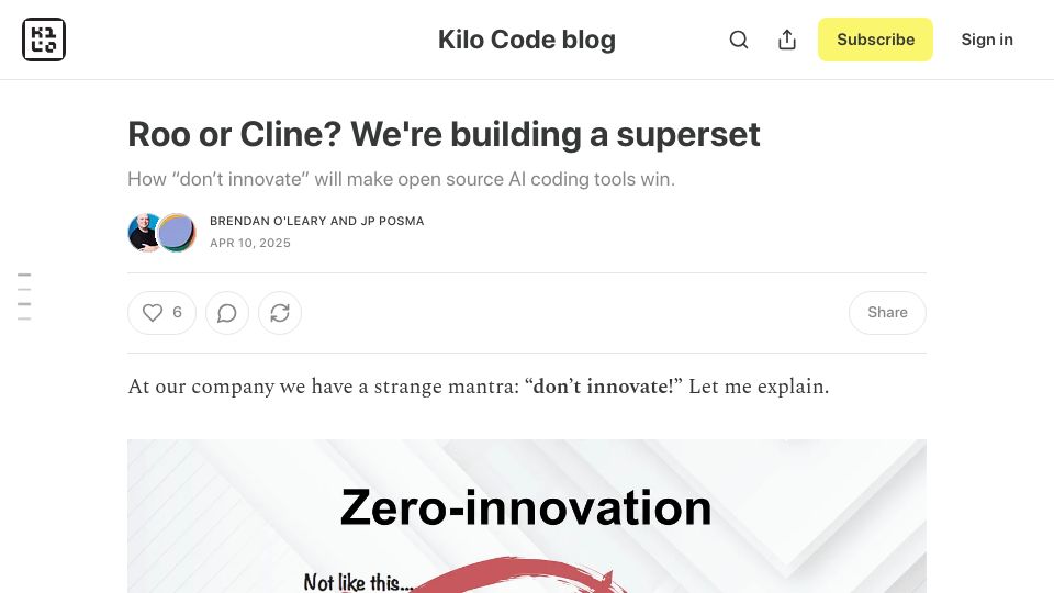 Screenshot of blog.kilocode.ai: Roo or Cline? We're building a superset