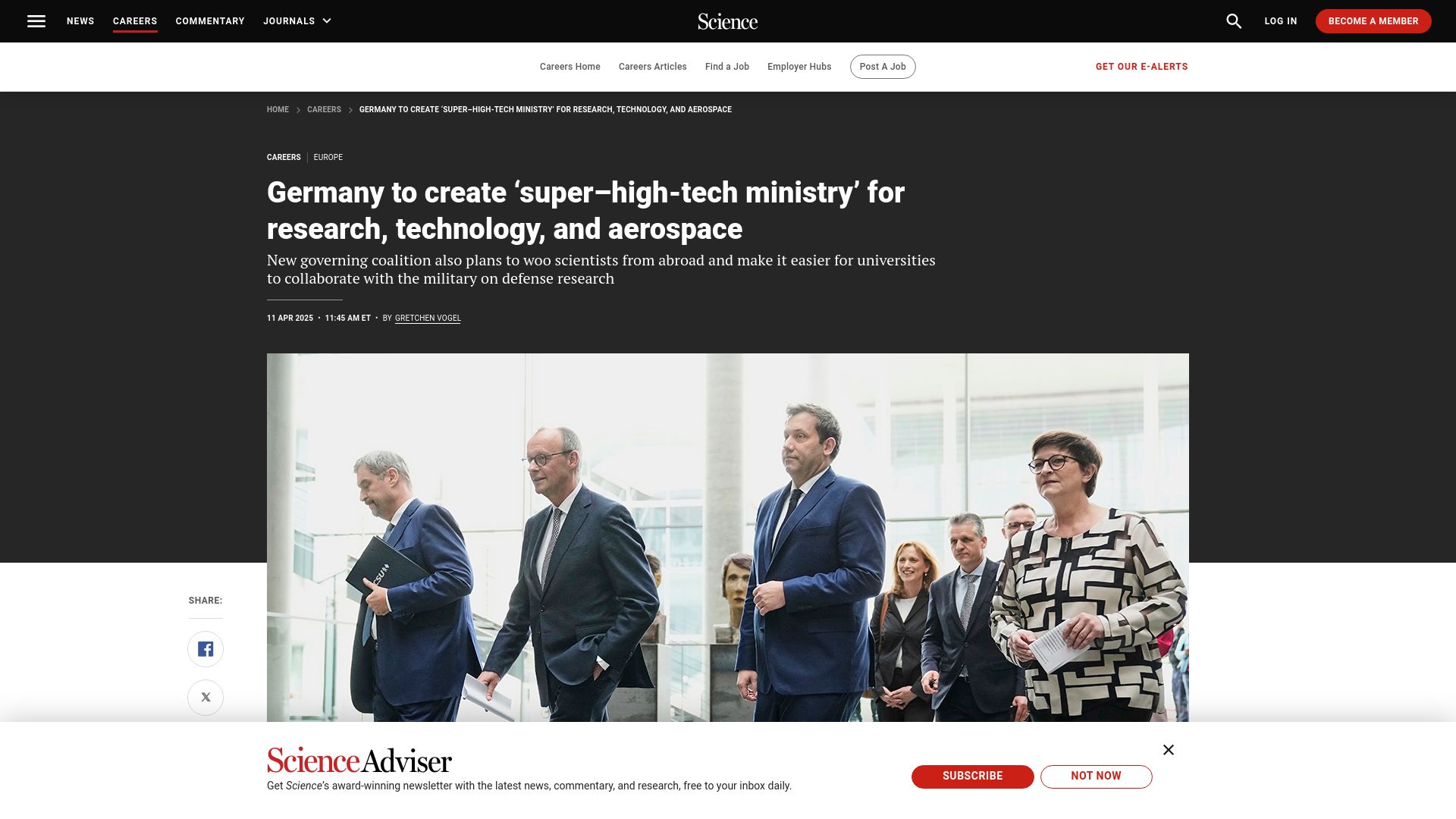 Screenshot of science.org: Germany creates 'super–high-tech ministry' for research, technology, aerospace
