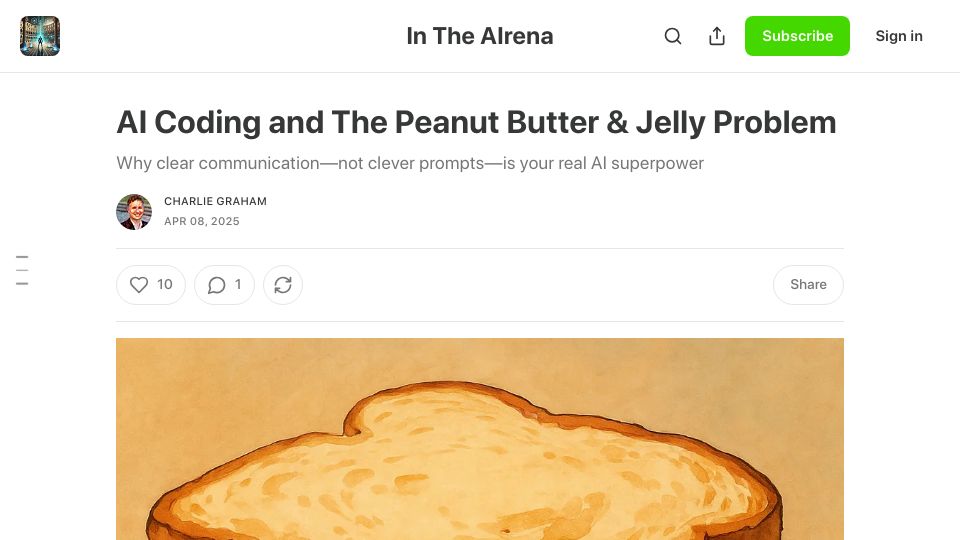 Screenshot of iamcharliegraham.substack.com: AI Coding and the Peanut Butter and Jelly Problem