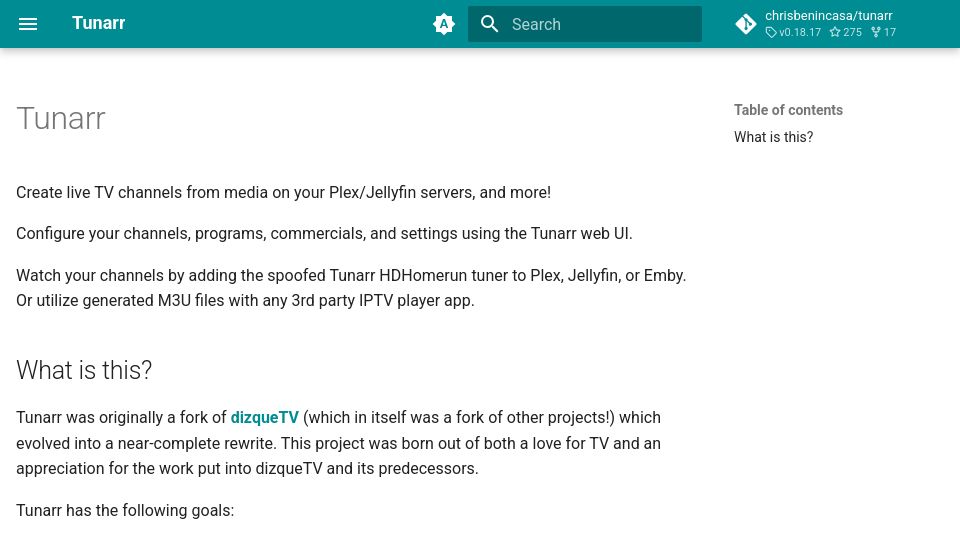 Screenshot of tunarr.com: Tunarr: Create and configure live TV channels from media on your servers