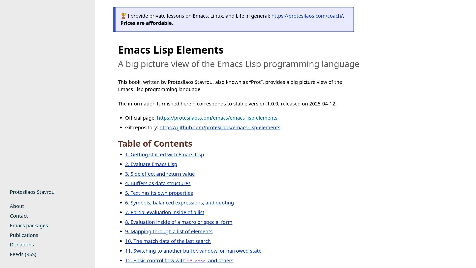 Screenshot of protesilaos.com: Emacs Lisp Elements