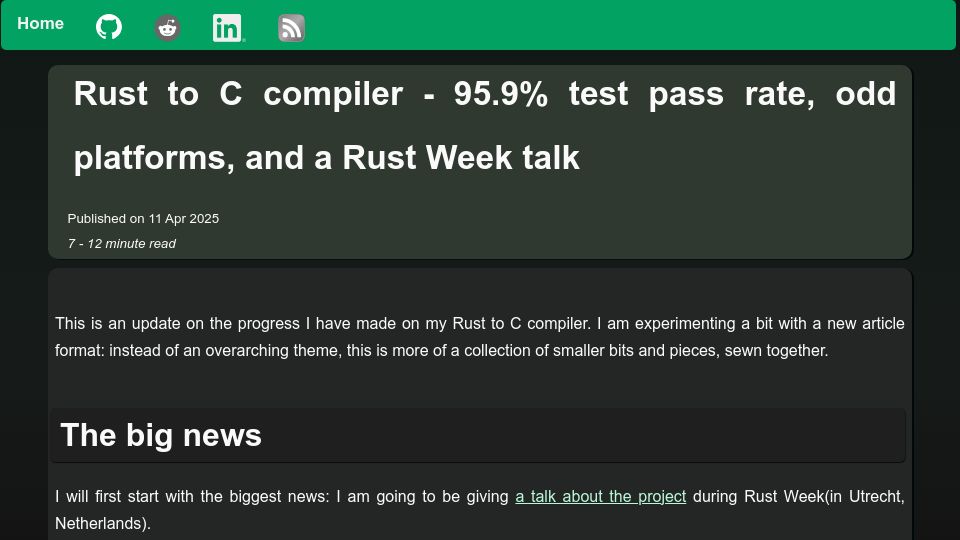 Screenshot of fractalfir.github.io: Rust to C compiler – 95.9% test pass rate, odd platforms