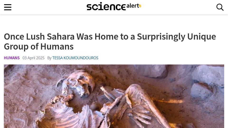 Screenshot of sciencealert.com: Once lush Sahara was home to a surprisingly unique group of humans