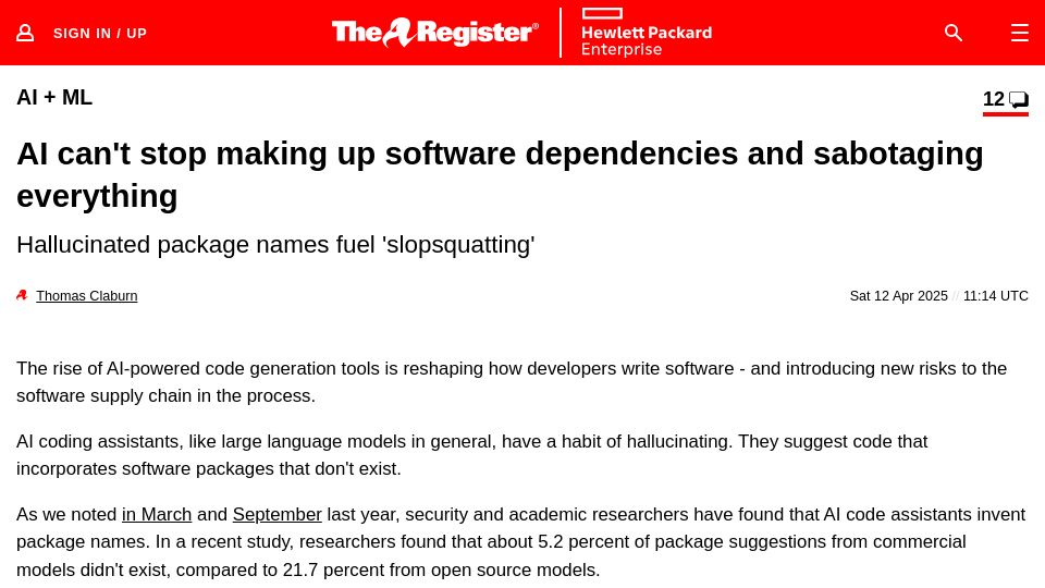 Screenshot of theregister.com: AI can't stop making up software dependencies and sabotaging everything