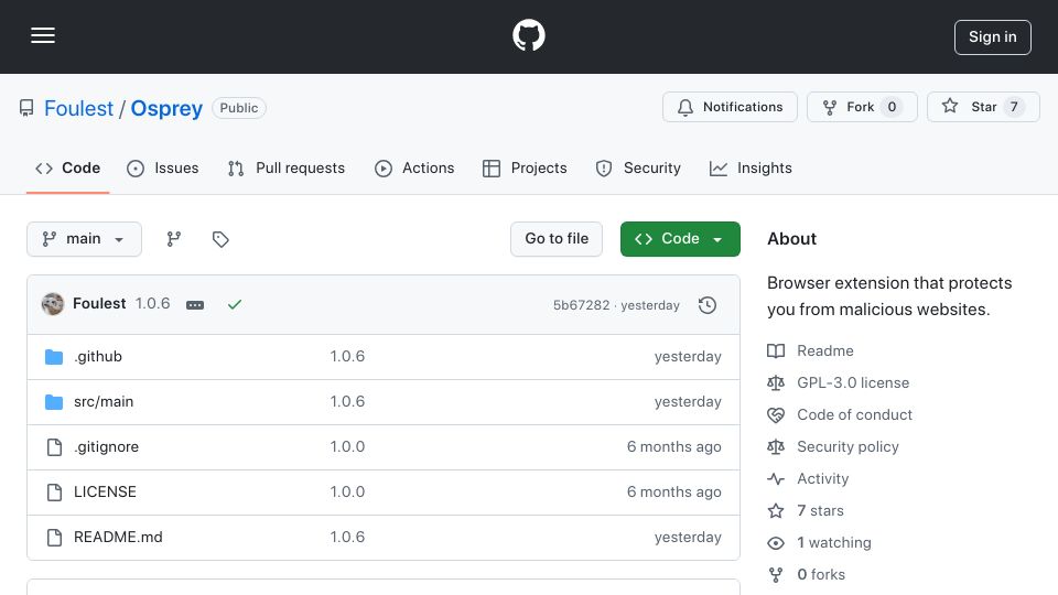 Screenshot of github.com: Osprey – Browser extension that protects you from malicious websites