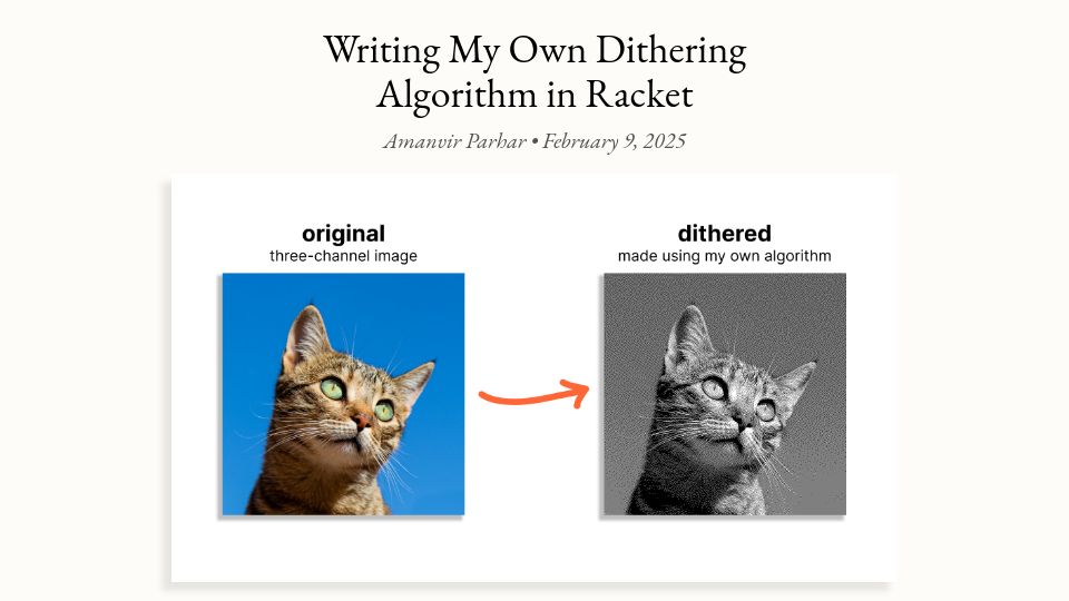 Screenshot of amanvir.com: Writing my own dithering algorithm in Racket