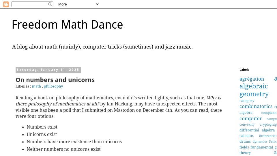 Screenshot of freedommathdance.blogspot.com: Numbers and Unicorns