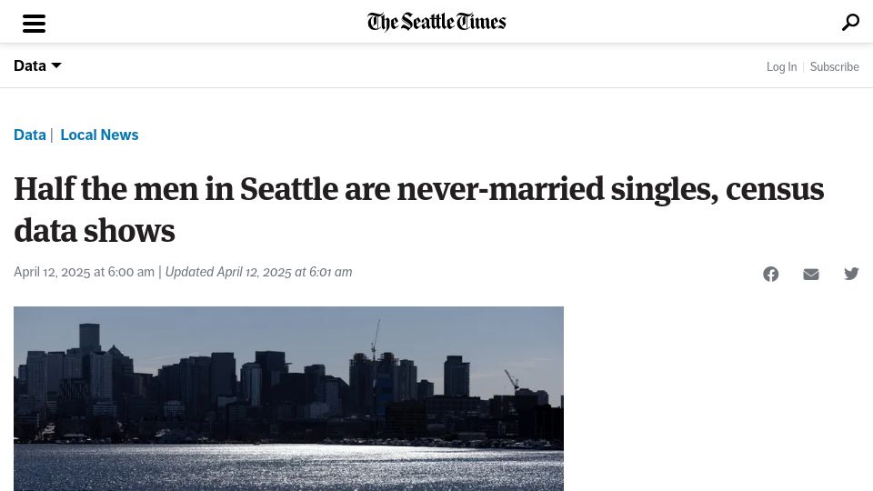 Screenshot of seattletimes.com: Half the men in Seattle are never-married singles, census data shows